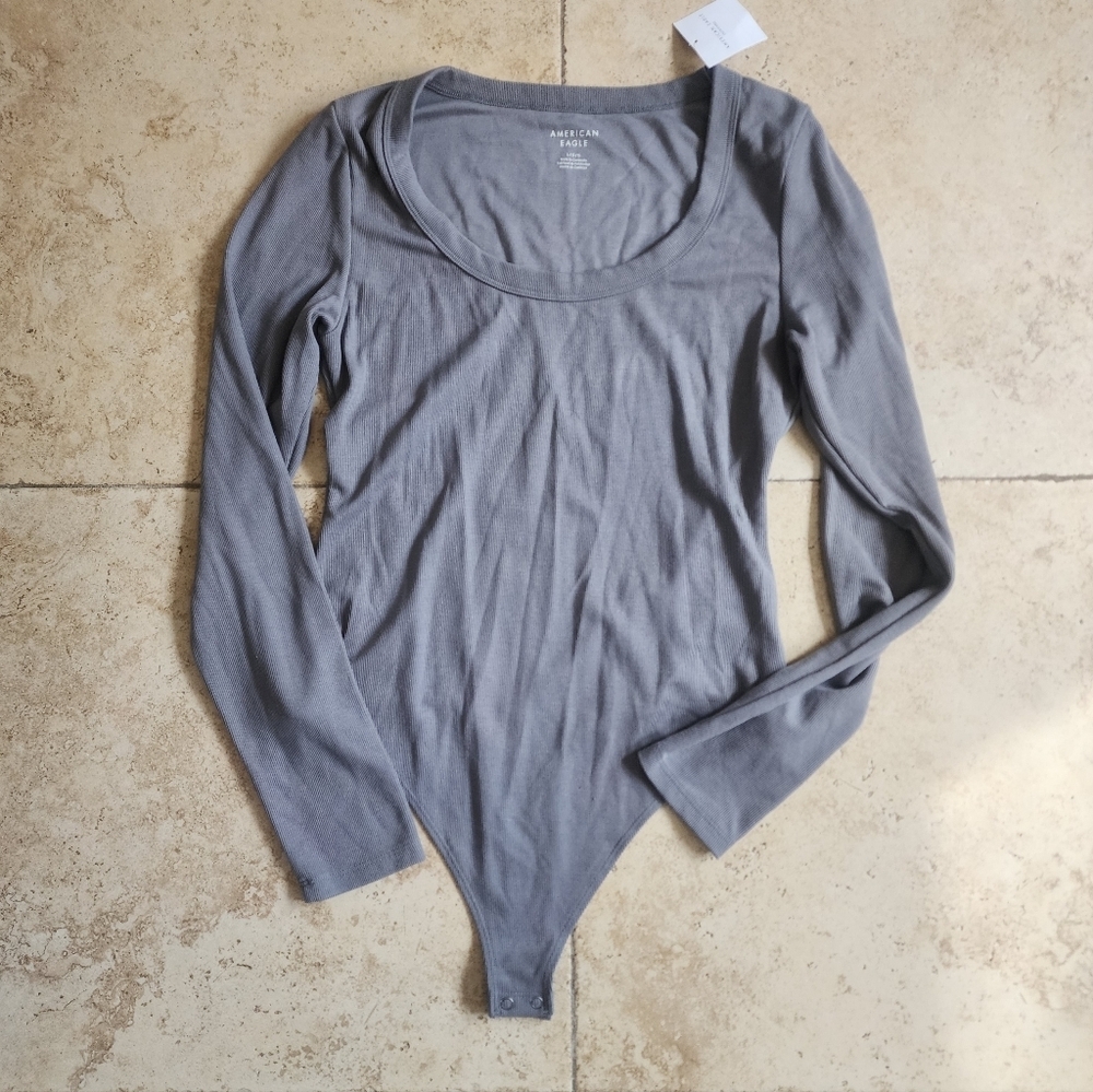 American Eagle Outfitters Gray Long-Sleeve Scoop Neck Bodysuit - Steel Gray